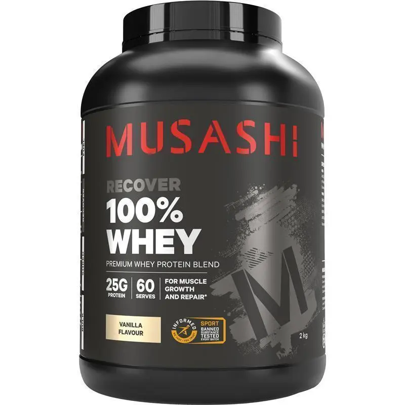 Sealed 2 kg tub of Musashi Recover 100% Whey in Vanilla