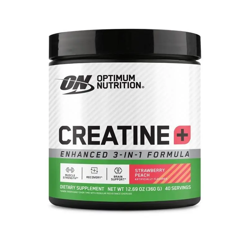 Sealed 360 g tub of Optimum Nutrition Creatine+ in Strawberry Peach