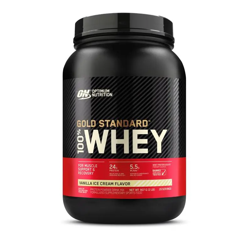 Sealed 907 g tub of Optimum Nutrition Gold Standard 100% Whey in Vanilla Ice Cream